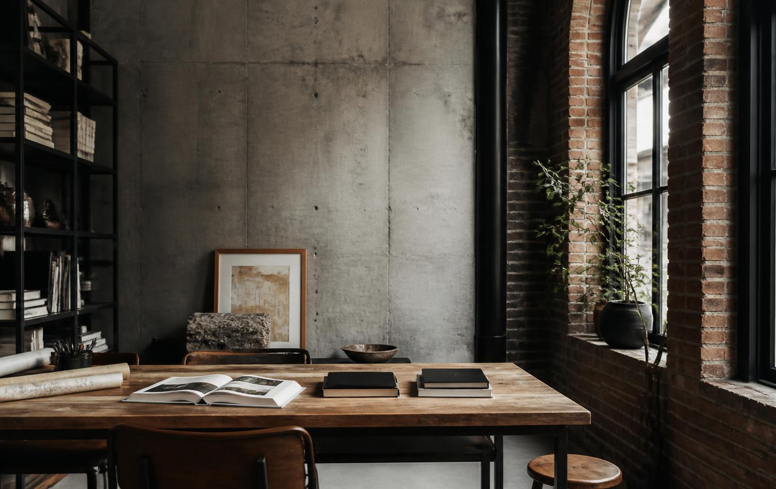 Studio workspace with concrete, steel, wood, and brick materials